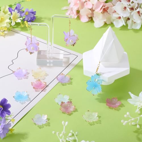 Beadthoven 120Pcs Flower Acrylic Bead Caps Colorful Cherry Blossom Flower Beads with Golden Metal Enlaced 5-Petal Flower Loose Spacers Bead for Earrings Bracelet Necklace DIY Crafts Supplies - color: Cherry Blossom-Colorful