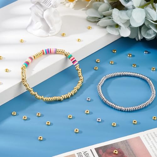 PH PandaHall 200pcs 4mm Spacer Beads, 2 Colors Flat Round Heishi Bead Metal Loose Beads Spacers for Heishi Clay Bead Summer Stackable Necklace Bracelet Jewelry Making, Golden Platinum