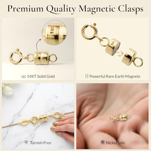 Everyday Elegance Solid 14K Yellow Gold Magnetic Clasps and Closures for Necklaces Bracelets Anklets| Clasp Converter | with Spring Ring Clasp | 2 Clasps | 4.5mm Thickness - size: 2 Clasps ( 4.5 mm)