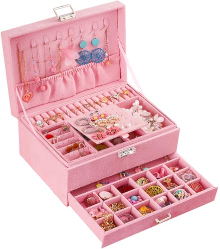 QBestry 3-Layer Jewelry Box for Girls & Teens with Lock and Key, Large Jewelry Organizer with 8 Necklace Hooks & 56 Earring Holes, Pink Velvet Jewelry Storage Box for Necklaces Earrings Rings Bracelet - color: Pink