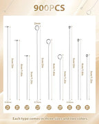 FIVEIZERO 900 PCS Eye Pins and Flat Head Pins for Jewelry Making, Metal Eyepins, Headpins & Ball Head Pins for DIY Earrings, Necklaces, Bracelets, Pendants, 1.2", 1.6", 2", Gold - color: Gold