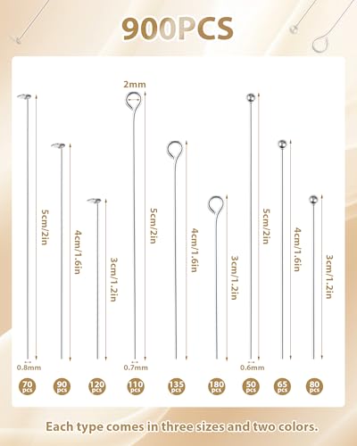 FIVEIZERO 900 PCS Eye Pins and Flat Head Pins for Jewelry Making, Metal Eyepins, Headpins & Ball Head Pins for DIY Earrings, Necklaces, Bracelets, Pendants, 1.2", 1.6", 2", Gold & Silver - color: Mix