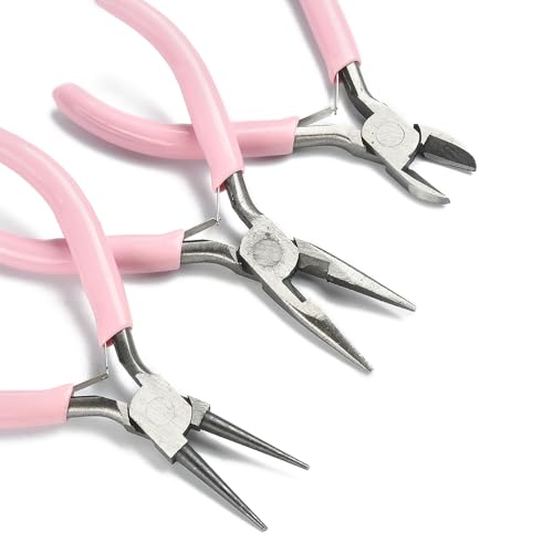 Jewelry Pliers Set (3-Piece) - Needle Nose Pliers, Round Nose Pliers & Wire Cutters for Jewelry Making, Repair, Wire Wrapping, Crafting - Professional DIY Tools (Pink) - color: Pink