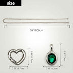 Heart Slip Chain Necklace for Women, 39 Inch Cuban Chain, Removable Heart O-Ring, Crystal Pendant, Adjustable Stainless Steel Y-Necklace - color: Silver-Green