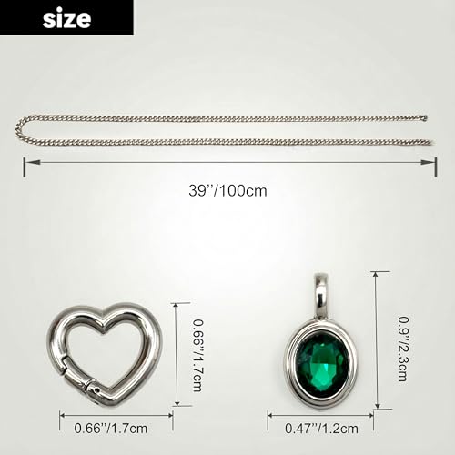 Heart Slip Chain Necklace for Women, 39 Inch Cuban Chain, Removable Heart O-Ring, Crystal Pendant, Adjustable Stainless Steel Y-Necklace - color: Silver-Green