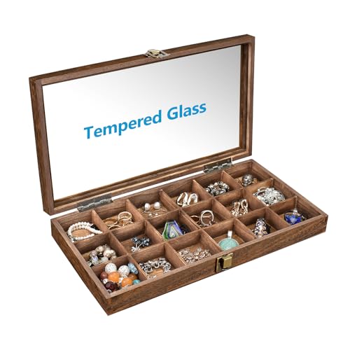 MOOCA Wooden Jewelry Display and Beads Display Storage Case with Tempered Glass Lid , 18 Compartments, 15" W x 8 3/8" L x 2 1/8" H, Brown Color - color: Brown