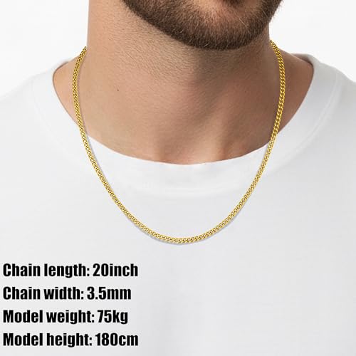 Fiusem 3.5mm Cuban Link Chains for Men, Silver Tone/Black/14K Gold Plated Stainless Steel Necklace Chain, Mens Necklace 16, 18, 20, 22, 24, 26, 28 Inch - size: 18 Inches, style: c.3.5mm width-gold plated