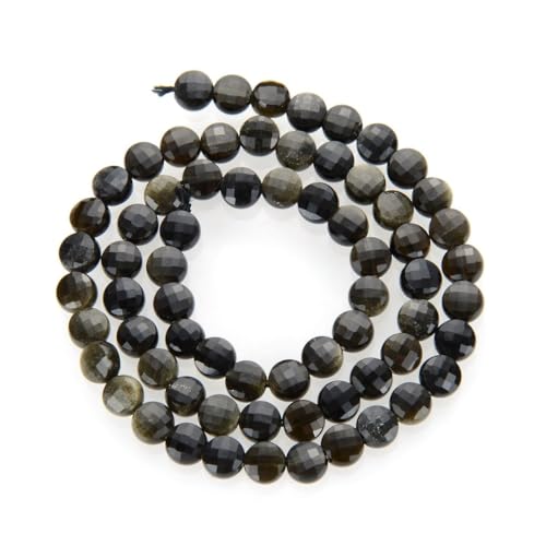 Adabele 15 Inch Natural Gold Sheen Black Obsidian Gemstone 6mm Faceted Flat Round Coin Loose Beads Gem Stone Spacer (61-66pcs) for Jewelry Making GZ13-11 - color: Gold Sheen Obsidian, size: 15 Inch/1 Strand