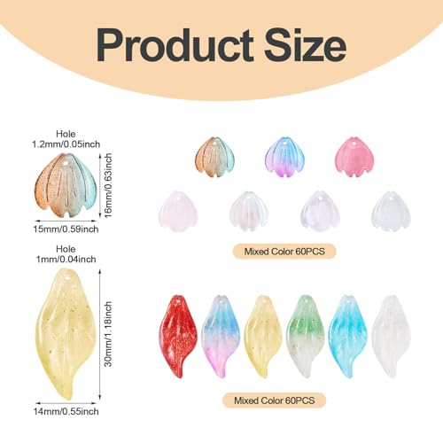 Beadthoven 120Pcs Glass Leaf Beads Mixed Transparent Leaf Shaped Crystal Beads Colorful Spring Summer Plant Bead Loose Gemstone Spacers for Jewelry Making DIY Bracelets Necklace Earrings Crafts - color: Leaves 2 styles