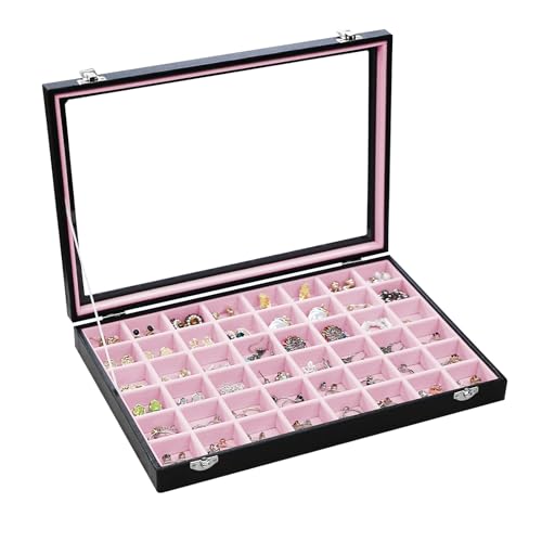 Stratalife Jewelry Organizer 48 Grid Jewelry Tray with Clear Lid Dust-proof Velvet Earring Organizer Necklace Rings Holder Display Drawer Storage Case for Women Pink Black - color: Pink-Black, size: 48 Grid