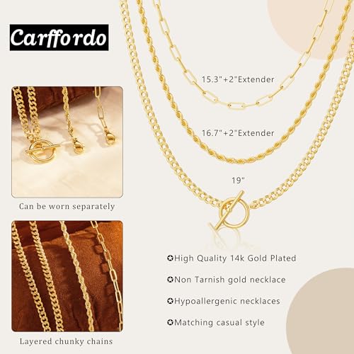 Carffordo Gold Plated Necklaces for Women - Dainty Layered 14K Gold Plated Stack Paperclip Rope Cuban Toggle Link Chain Choker Necklace Set Chunky Trendy Jewelry Gift - style: Layered-Necklace