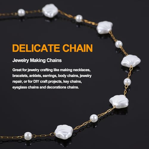 KYUNHOO 16.4FT/5M Artificial Shell Pearl Chain Roll Stainless Steel Paperclip Links Gold Plated Chains for Jewelry Making with Jewelry Connectors - color: Shell Gold