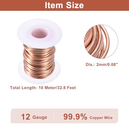 uxcell Soft Copper Wire (12 Gauge, 32.8 FT), 99.9% Pure Bare Copper Wire 2mm Solid Craft Wire for DIY Crafting Gardening Decoration (10Meter) - size: 12 Gauge x 32.8 FT