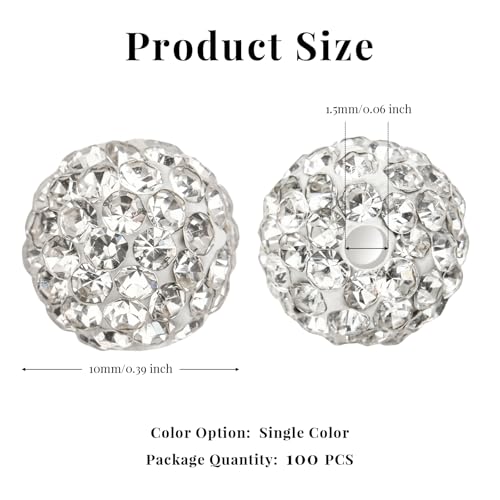 100Pcs 10mm White Rhinestone Beads for Jewelry Making, Shiny Round Disco Ball Sparkly Beads Bulk with 10-Grid Storage Box for DIY Baseball Necklaces Shamballa Bracelets - color: White