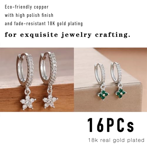 stino 16Pcs Cubic Zirconia Huggie Earring Hooks for Jewelry Making, Brass Earring Hoops Clasps, Leverback Findings & Supplies (White Gold Plated) - color: White Gold Plated