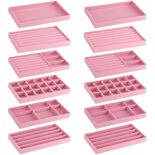 12Pcs Velvet Stackable Jewelry Trays, Jewelry Drawer Organizer, Large Removable Display Jewelry Tray, Necklace Bracelet Storage Box for Earring, Ring, Brooch, Watch (Pink) - color: Pink