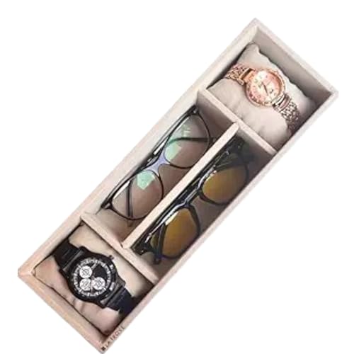 La Trove Watch & Sunglasses Organizer Tray, 4 Compartment Drawer Organizer for Watches & Eyewear Storage, Men & Women, Beige - color: Beige