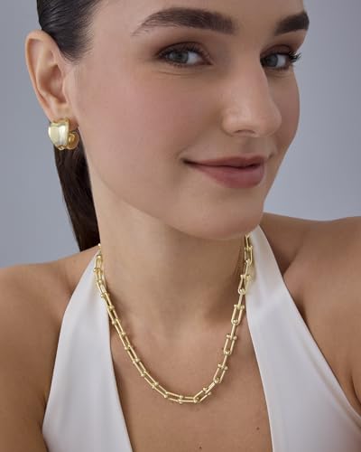 PAVOI 14K Gold Plated Chunky Chain Choker Necklaces for Women | Gold Statement Graduated Link Chain Necklace | Bold Oval Link Barbell Links Paperclip Chains - style: U-Shaped