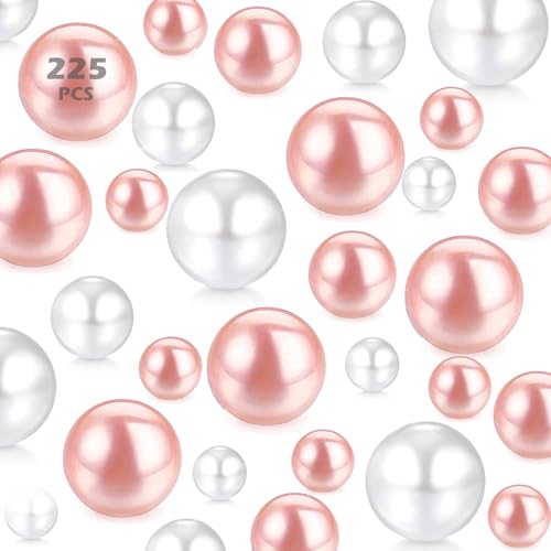 225pcs Floating Pearls for Vases Filler, 20/14/10mm Pearl Beads with 1000PCS Beads for Vase Filler, No Hole Faux Pearl Bead for Home Table Party Decor Centerpieces - color: White&Rosegold