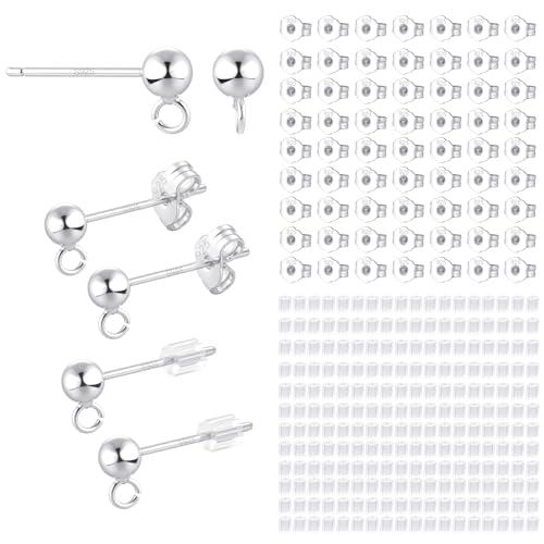 50PCS Silver Ball Earring Posts Hypoallergenic Earring Studs Ball Ear Pin with 925 Sterling Silver Post for DIY Jewelry Making Findings - color: B Style-Silver Smooth Ball
