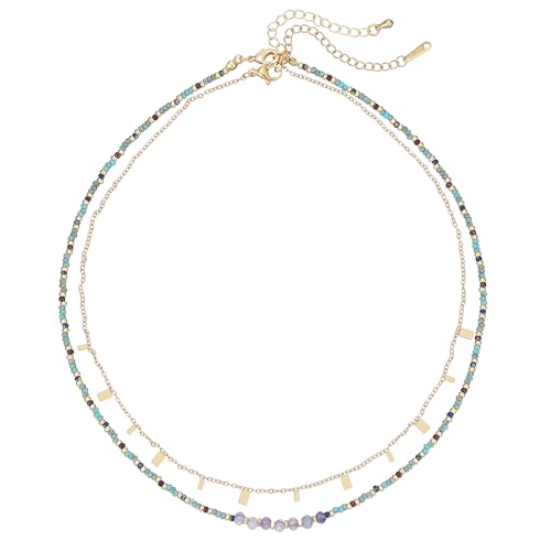 Plumiss Boho Handmade Natural Jasper Stone Beaded Crystal Mixed Strand Short Necklace for Women Girl - color: Fluorite