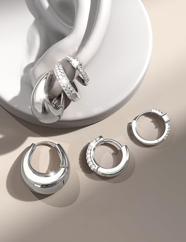 ORAZIO Small Gold Hoop Earrings for Women Hypoallergenic 14K Gold Plated Chunky Huggie Earring Sets for Multiple Piercing Dainty Earing Stacks Set Cute Silver Cartilage Jewelry Trendy Gifts - style: Silver Plated-Classic