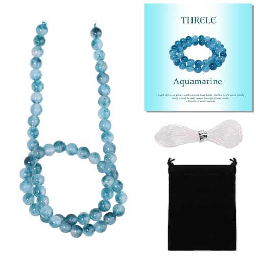 Stone Beads, 60pcs Aquamarine, 6mm Round Loose Beads for Jewelry Making, Bracelets, with Gift Bag, Elastic String & Size Card - color: Aquamarine, size: 6mm
