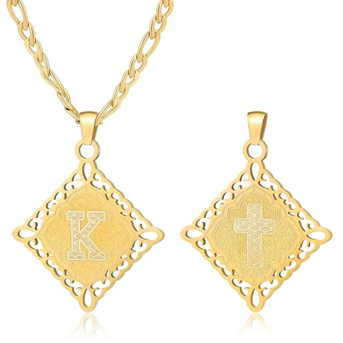 LETFLY Initial Necklaces for Women Men, 18K Gold Plated Letter Cross Pendant Necklace Alphabets A-Z Figaro Chain Jewelry Gifts - color: Rhombic, style: Letter K