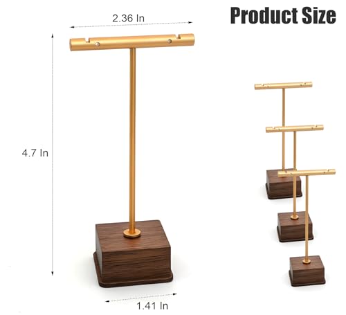 3 Pack Earring Display Stand, Golden Metal Earring T Bar Stand, Jewelry Towers with Wooden Square Base, Earring Hanging Holder for Jewelry Organizer Display