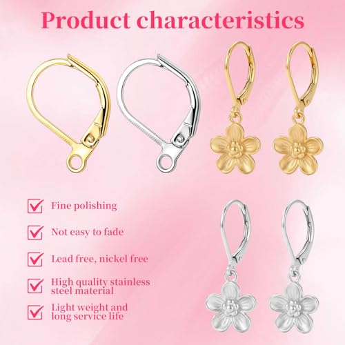 80 Pcs Leverback Earring Hooks - Stainless Steel Lever Back Earrings Clasps, Hypoallergenic French Ear Hooks & Clasps, Women Leverback Earring Findings for Earrings DIY Jewelry Making (Gold, Silver)