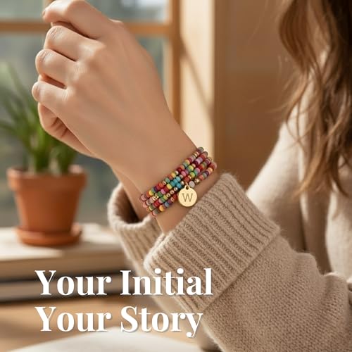 Set of 4 Colorful Bead Initial Bracelets, Personalized Stackable Jewelry, Adjustable Stretchy Charm Bracelets for Women, Beaded Bracelet Set, Trendy Custom Jewelry Gift - style: Colorful Bead - W