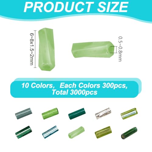 3000 Pcs 10 Colors Glass Bugle Beads, Green Series Screwy Bugle Beads Long Tube Seed Bead Loose Spacer Bead Bulk for DIY Crafting Jewelry Making - color: Green Series