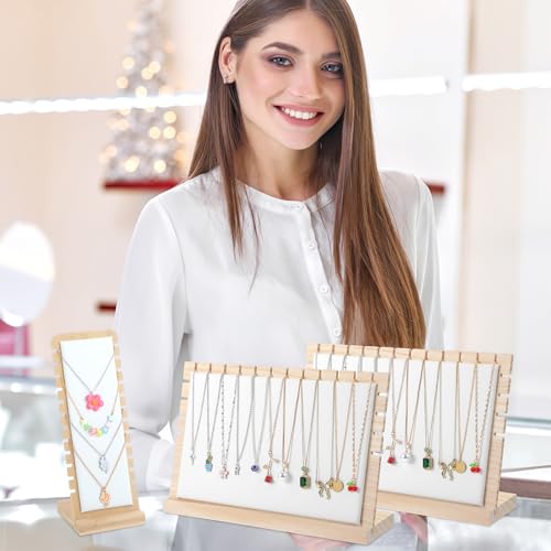 3 Pcs Necklace Display Stands for Selling, Bamboo Necklace Holder with PU Leather Panel Beige Multi-Tiered Jewelry Display Storage Set for Vendors and Home (11.8x7.9x3.3 Inch/10.6x3.9x3.7 Inch)