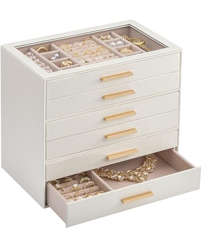 Lolalet Jewelry Box Organizer, 6-Layer Jewelry Organizers and Storage Case with Glass Lid, Ring Earring Bracelet Necklace Holder Organizer, Birthday Valentine Gifts for Women Girls -6Layer, Beige - color: Beige, size: 6-Layer