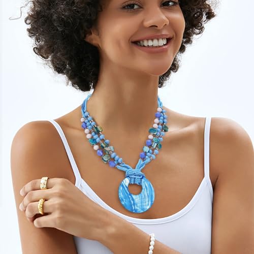 Coiris Shell Pendant Statement Strand Necklace for Women Boho Multi Beads Natural Stone Colorful Necklace Bohemian Handmade Chunky Shell Beaded Collar Jewelry for Women - color: Blue