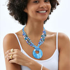 Coiris Shell Pendant Statement Strand Necklace for Women Boho Multi Beads Natural Stone Colorful Necklace Bohemian Handmade Chunky Shell Beaded Collar Jewelry for Women - color: Blue