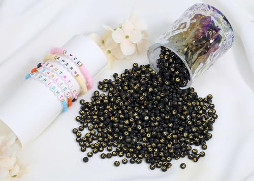 LAIDANLA 1500PCS Acrylic Letter Beads Alphabet Gold Letters Black Round Bead 7×4mm for Jewelry Bracelets Necklaces Key Chains Making - color: H-Gold Letter Black Beads