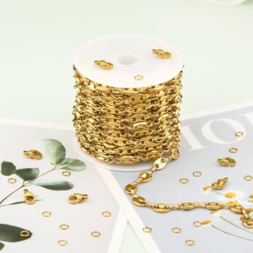 KYUNHOO 13FT/4M Gold Plated Chain for Jewelry Making Coffee Bean Link Craft Supplies Stainless Steel Chains Spool for Women DIY Handcrafts - color: Coffee Bean Gold