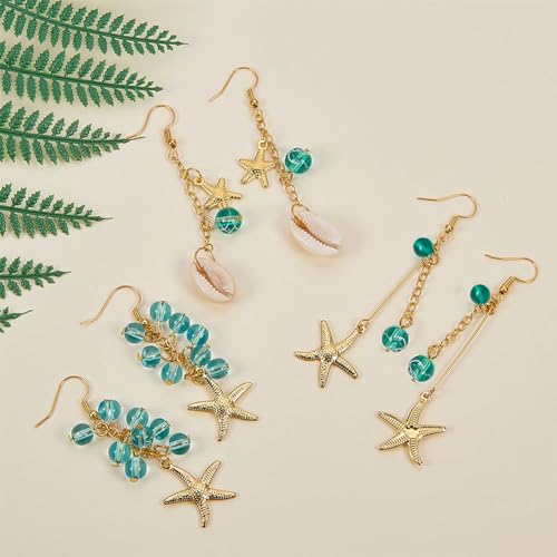 SUNNYCLUE 1 Box 8 Pair Starfish Cowrie Shell Dangle Earring Making Kit Jewelry Making Supplies Beading Starter Kits for Beginner Adults, Fish Hook, Ocean Beach Theme, Instruction - color: Silver Ocean Earrings