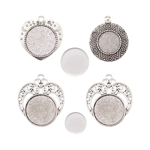 FASHEWELRY 6 Sets Tibetan Style Round Bezel Pendant Trays with Clear Glass Cabochon Dome Tiles for Photo Pendant Craft Jewelry Making - color: Heart & Flat Round