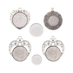 FASHEWELRY 6 Sets Tibetan Style Round Bezel Pendant Trays with Clear Glass Cabochon Dome Tiles for Photo Pendant Craft Jewelry Making - color: Heart & Flat Round