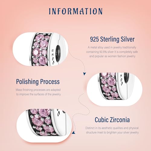 Clip Stopper Spacer Charms for Bracelets Necklaces, Compatible with Pandora,Jewery Mking DIY - style: Pink Pavé Clip