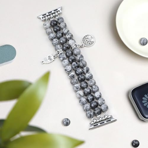 Newlibery Natural Stone Bracelet Beaded-Bands Women Compatible with Apple Watch 38mm 40mm 41mm 42mm (S10/11) Feminine Cute Handmade Stretch Strap for iWatch Series 11/10/9/8/7/6/5/4/3/2/1 SE 3/2/1 - color: A8 Grey Map, size: 38/40/41/42mm(S10/11)