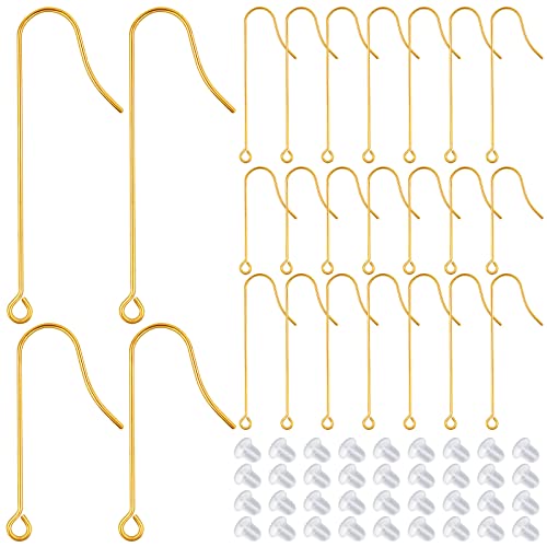 50pcs 2 Sizes Hypoallergenic Long Earwire Hooks Stainless Steel Earring Hooks with Vertical Hanging Loop and 50pcs Earring Safety Backs for DIY Jewelry Making Findings - color: Golden