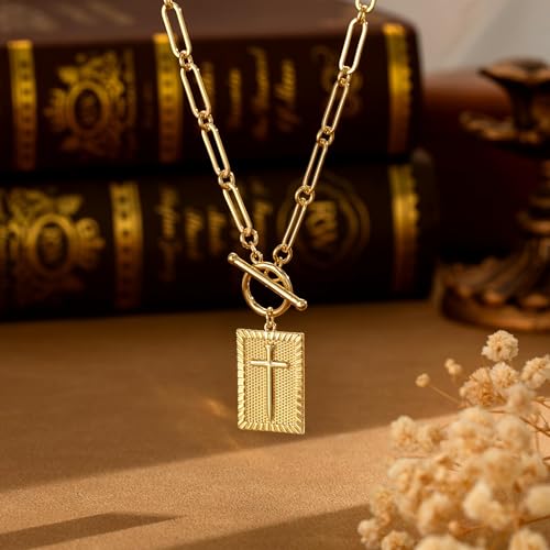 Carffordo Gold Plated Necklaces for Women - Dainty Layered 14K Gold Plated Stack Paperclip Rope Cuban Toggle Link Chain Choker Necklace Set Chunky Trendy Jewelry Gift - style: Cross-OT