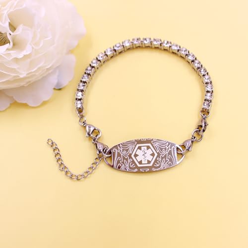 Women's Medical ID Bracelet with White Zircon Tennis Chain, Interchangeable Engraved Plate, Adjustable Lobster Clasp, Lightweight, Hypoallergenic, for Running, Outdoor, Daily Wear - color: White-BLOOD THINNER