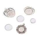 FASHEWELRY 6 Sets Tibetan Style Round Bezel Pendant Trays with Clear Glass Cabochon Dome Tiles for Photo Pendant Craft Jewelry Making - color: Heart & Flat Round
