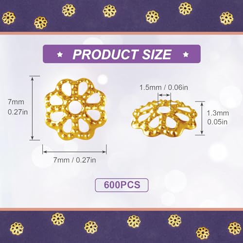 ANCIRS 600pcs 7mm Spacer Beads Caps for Jewelry Making, Metal Flower Bead Caps for Bracelet Necklace- Gold - color: 600pcs gold