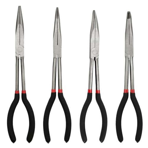 4-Piece 11" Precision Long Nose Pliers Set with Insulated Comfort Grip Handles,Straight Long Needle Nose Pliers,25/45/90 Degree Angle Curved Pliers for Wire Bending,Shaping,Trimming - size: 4pcs-Straight/25/45/90