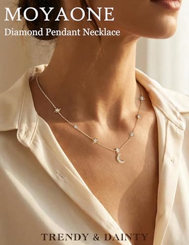 Dainty Gold Necklace for Women Trendy 14K Gold Plated Pearl Cross Clover Butterfly CZ Charm Pendant Chain Station Necklaces Waterproof Non Tarnish Layered Choker Cute Jewelry Gifts - color: G-moon & star